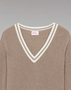 Hot FROM FUTURE Pull Col V Rayures Tennis Leger Taupe