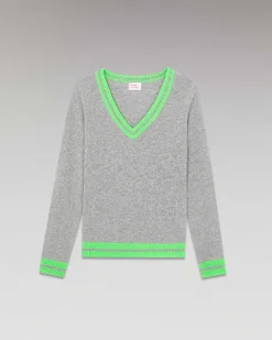 Hot FROM FUTURE Pull Col V Rayures Tennis Leger Gris Chine Fonce