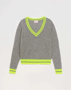 Hot FROM FUTURE Pull Col V Rayures Tennis Leger Gris Chine Fonce