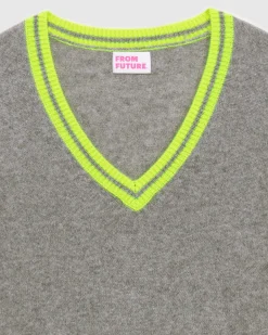 Hot FROM FUTURE Pull Col V Rayures Tennis Leger Gris Chine Fonce