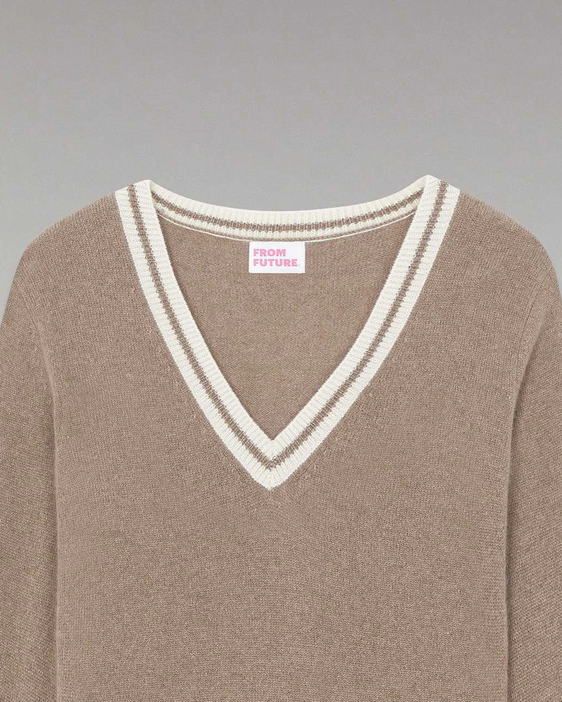 Outlet FROM FUTURE Pull Col V Rayures Tennis Leger Taupe
