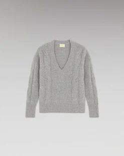 Best FROM FUTURE Pull Col V Torsades Epais Gris Chine Fonce