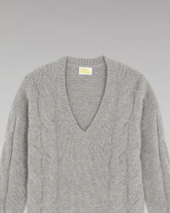 FROM FUTURE Pull Col V Torsades Epais Gris Chine Fonce