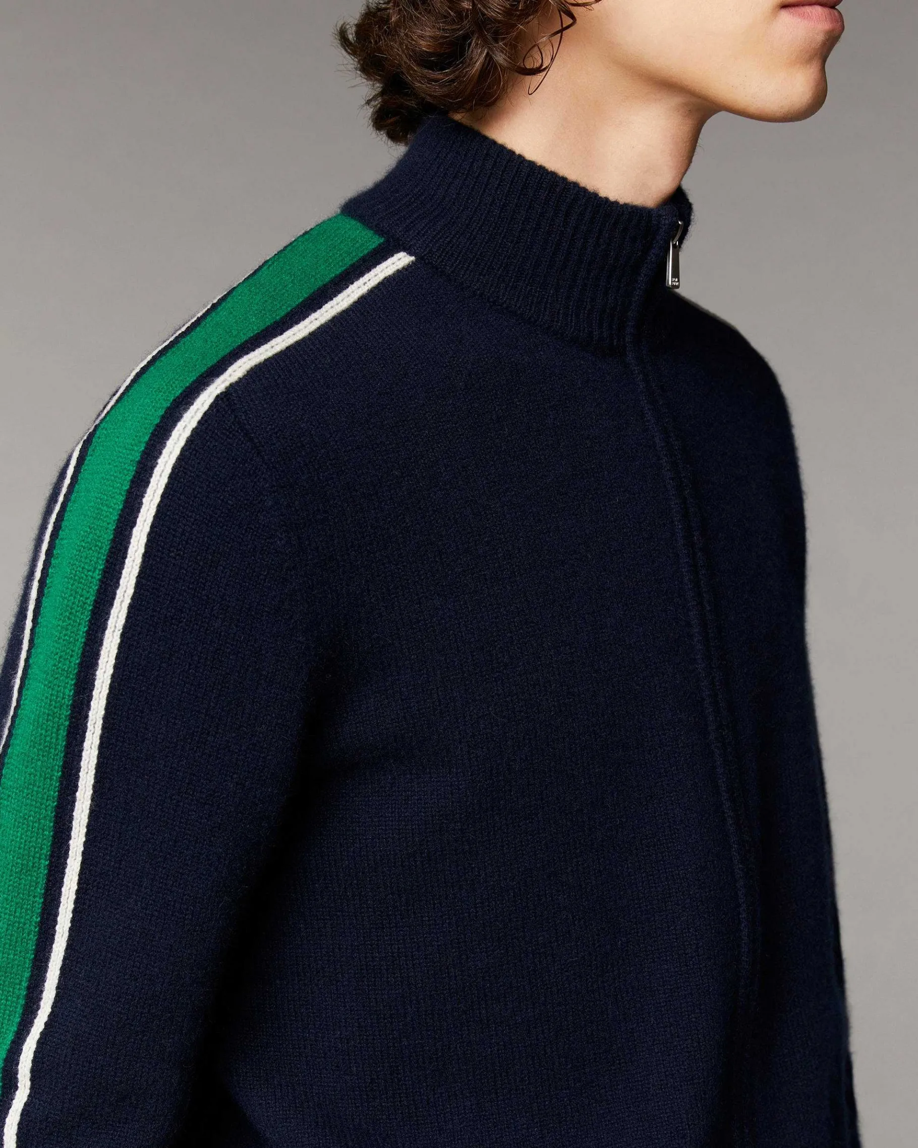 Sale FROM FUTURE Pull Gilet Zippe Bandes Bicolore Navy