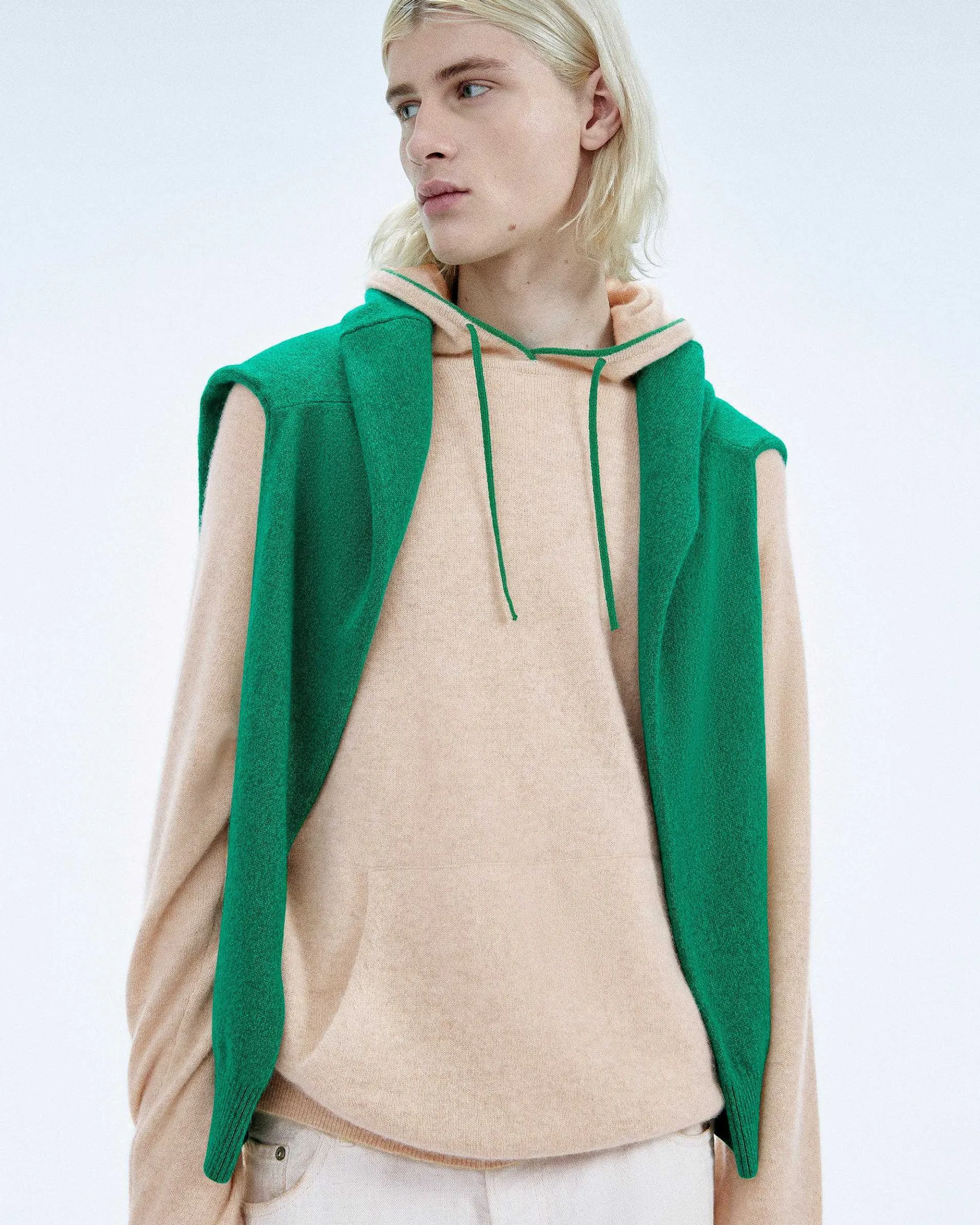 Discount FROM FUTURE Pull Hoodie A Poche Et Liserets Contrastes Beige Chine