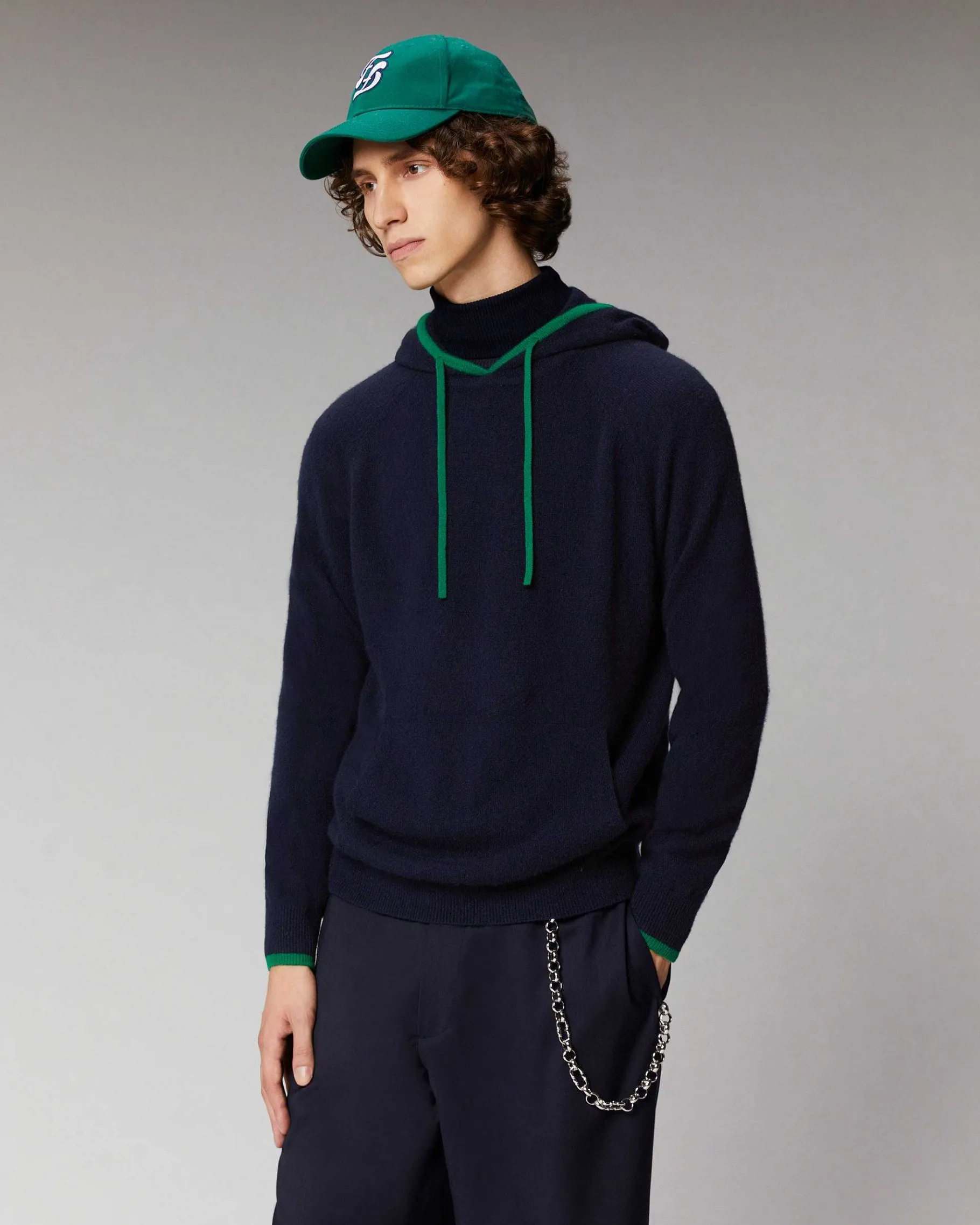 FROM FUTURE Pull Hoodie Liserets Contrastes Leger Navy