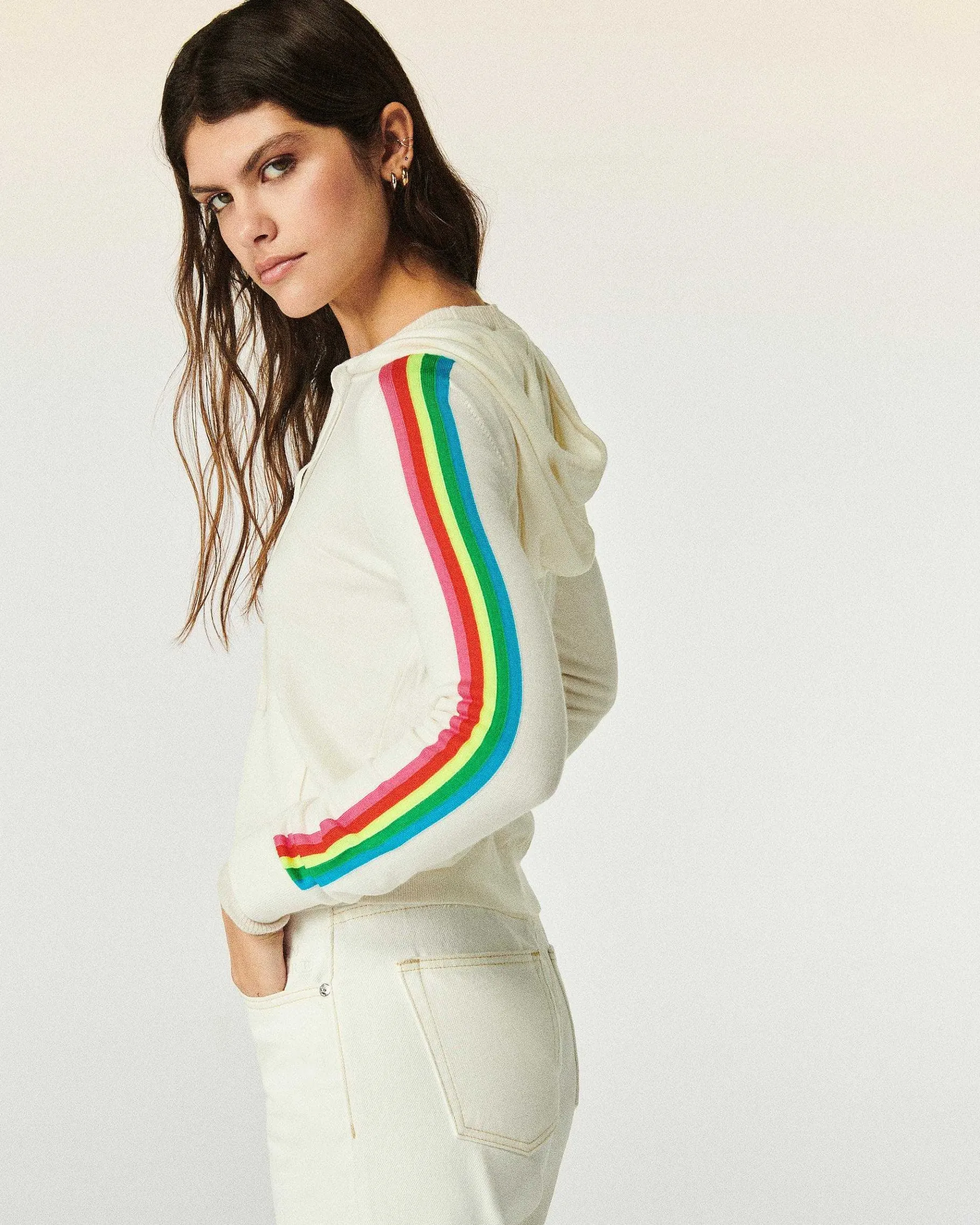 FROM FUTURE Pull Hoodie Zippe Bande Multicolore Ecru