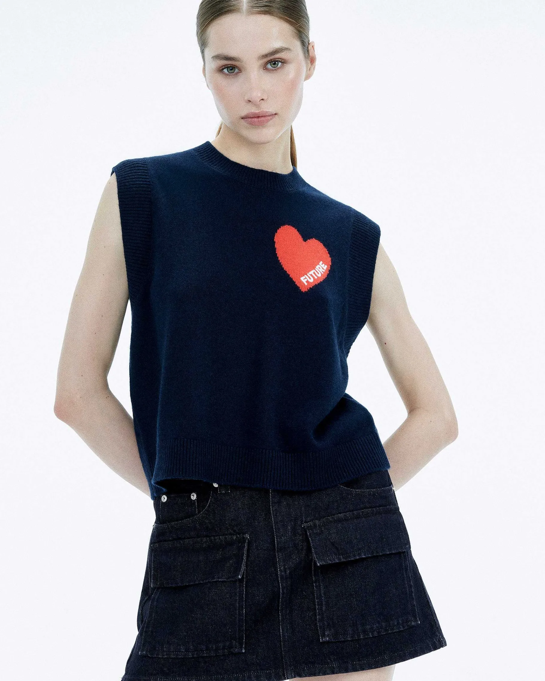 Outlet FROM FUTURE Pull Sans Manche Coeur Navy