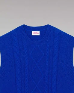 New FROM FUTURE Pull Sans Manche Torsades Pop Blue