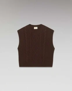 Online FROM FUTURE Pull Sans Manche Torsades Chocolat