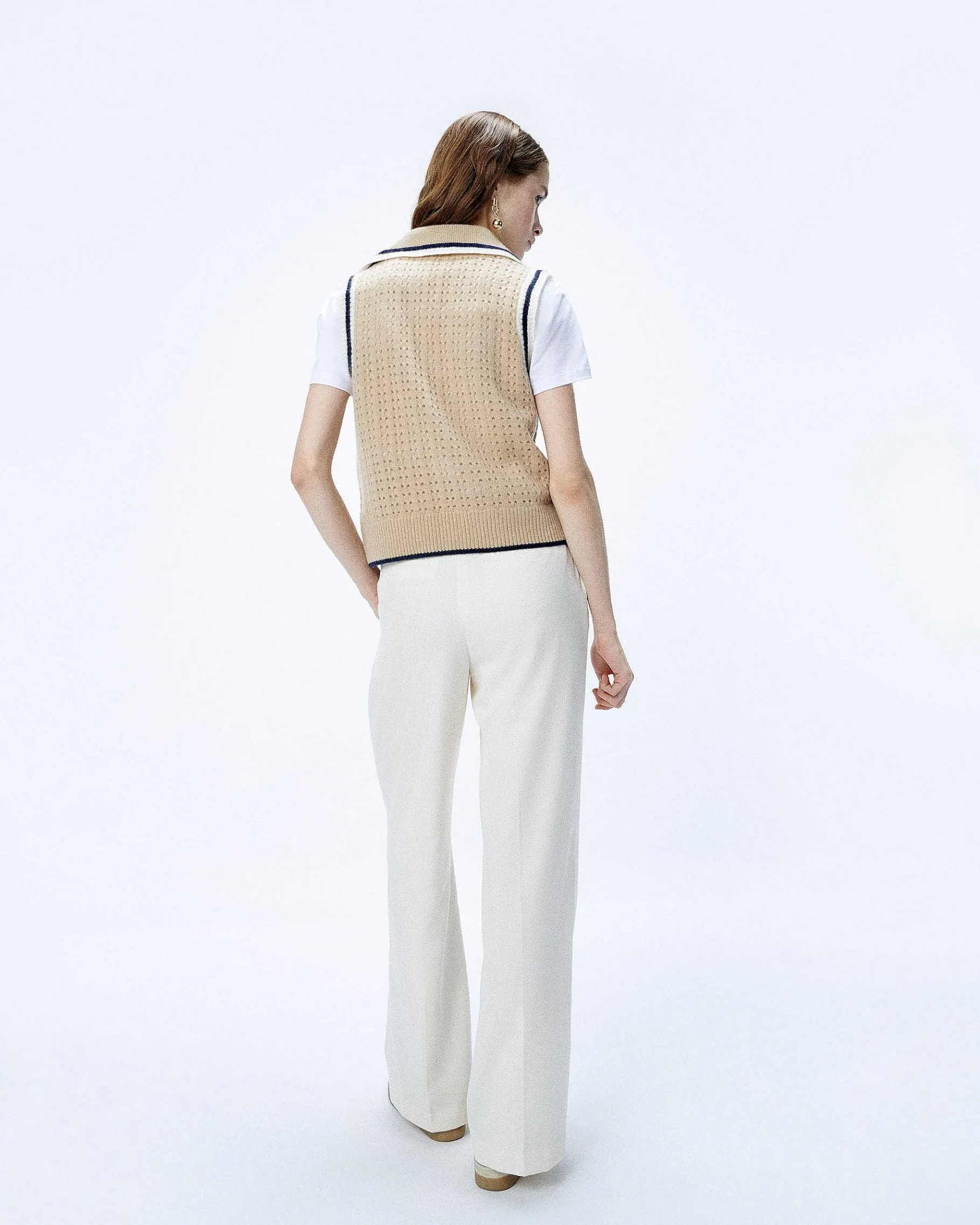 Best FROM FUTURE Pull Sans Manche Tricot Ajoure Beige