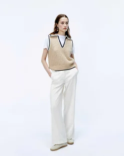 Best FROM FUTURE Pull Sans Manche Tricot Ajoure Beige