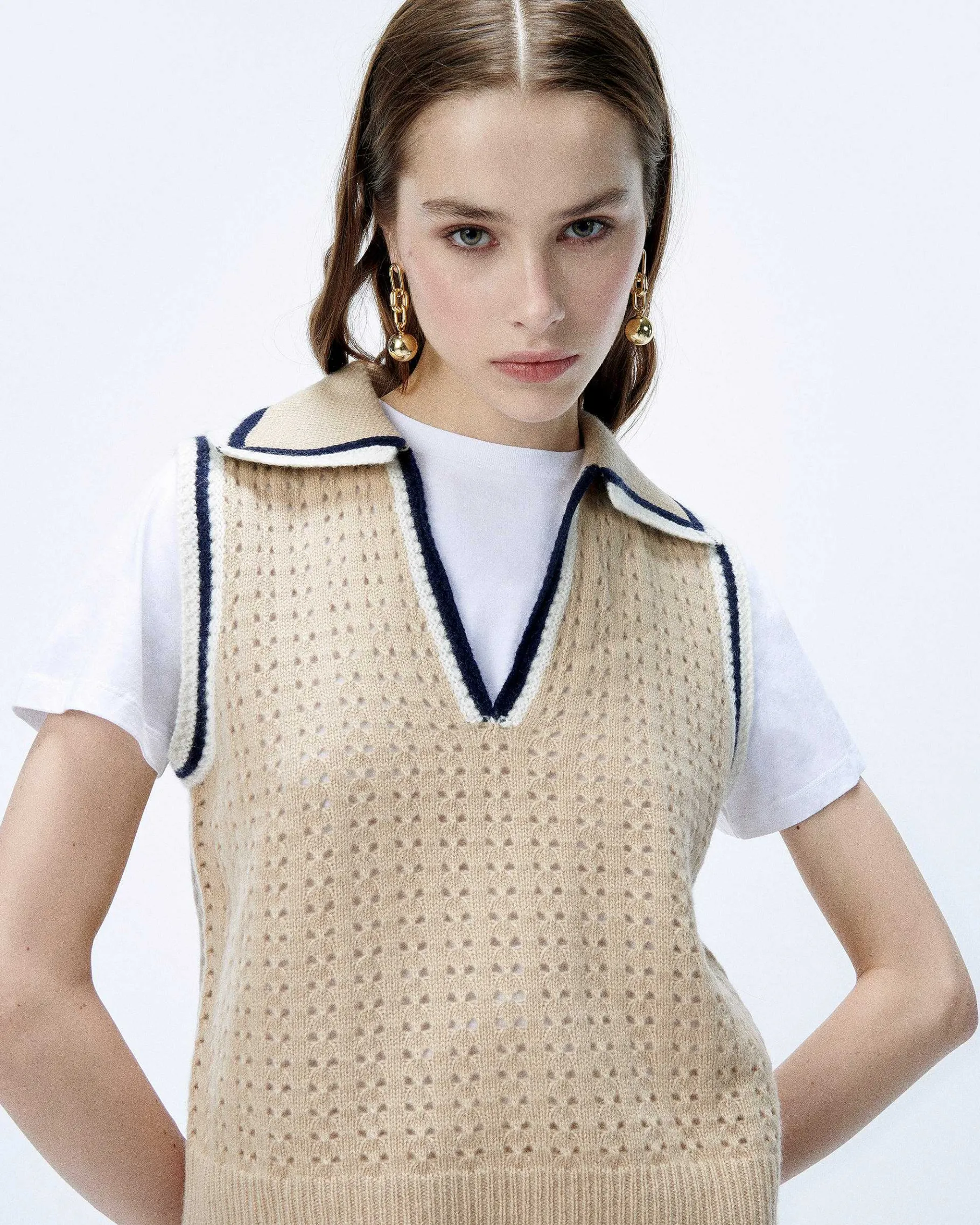 Outlet FROM FUTURE Pull Sans Manche Tricot Ajoure Beige