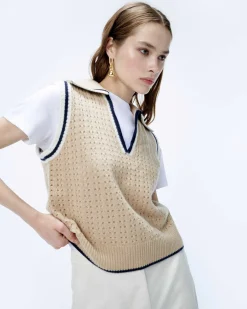 Discount FROM FUTURE Pull Sans Manche Tricot Ajoure Beige