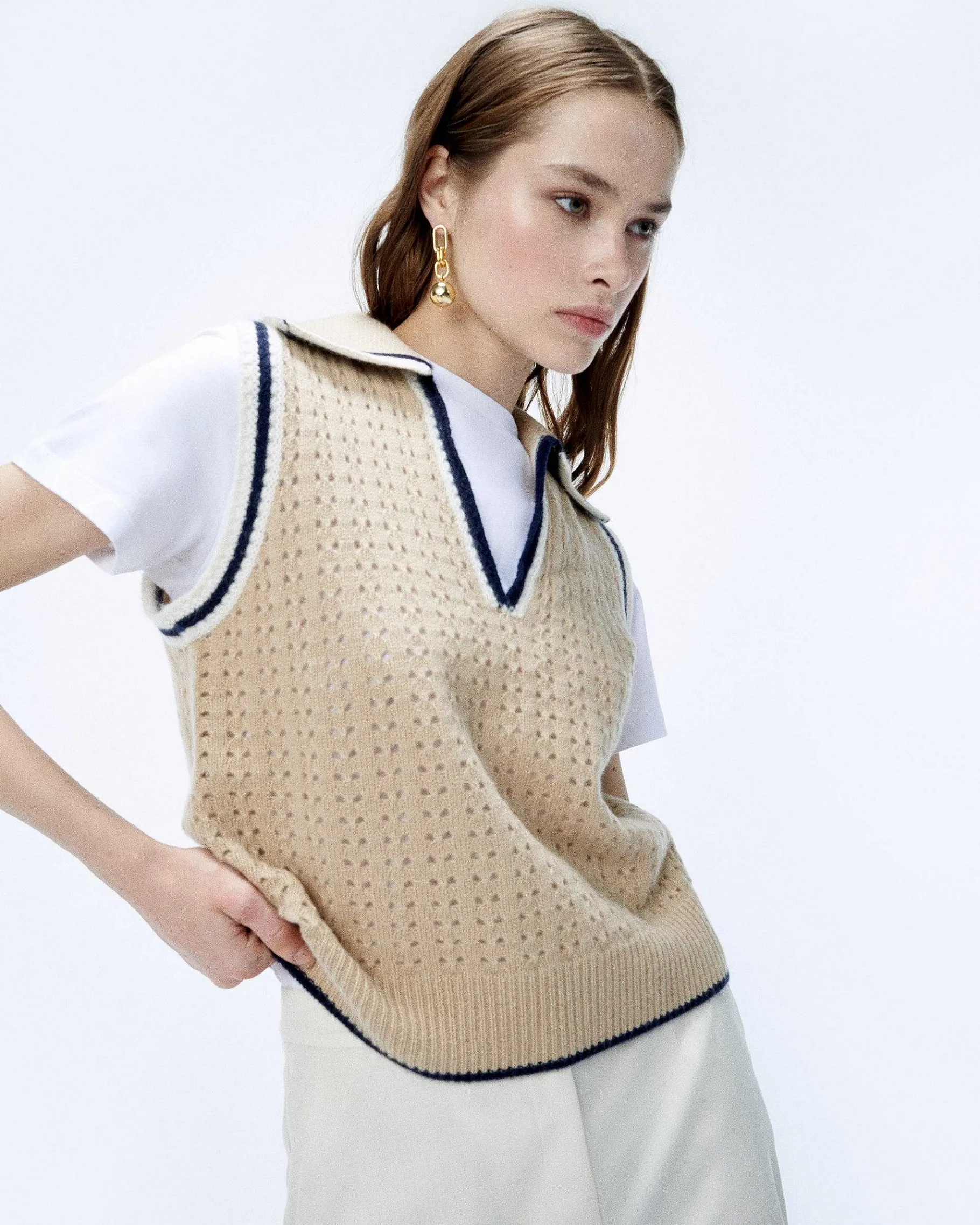 Discount FROM FUTURE Pull Sans Manche Tricot Ajoure Beige