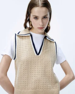 Discount FROM FUTURE Pull Sans Manche Tricot Ajoure Beige