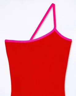 Sale FROM FUTURE Robe Courte Asymetrique Bicolore Rouge Vif
