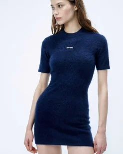 Best FROM FUTURE Robe Courte Manche Courte En Cachemire Brosse Navy