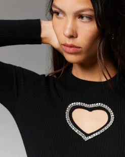 Hot FROM FUTURE Robe Courte Manche Longue Coeur Strass Noir
