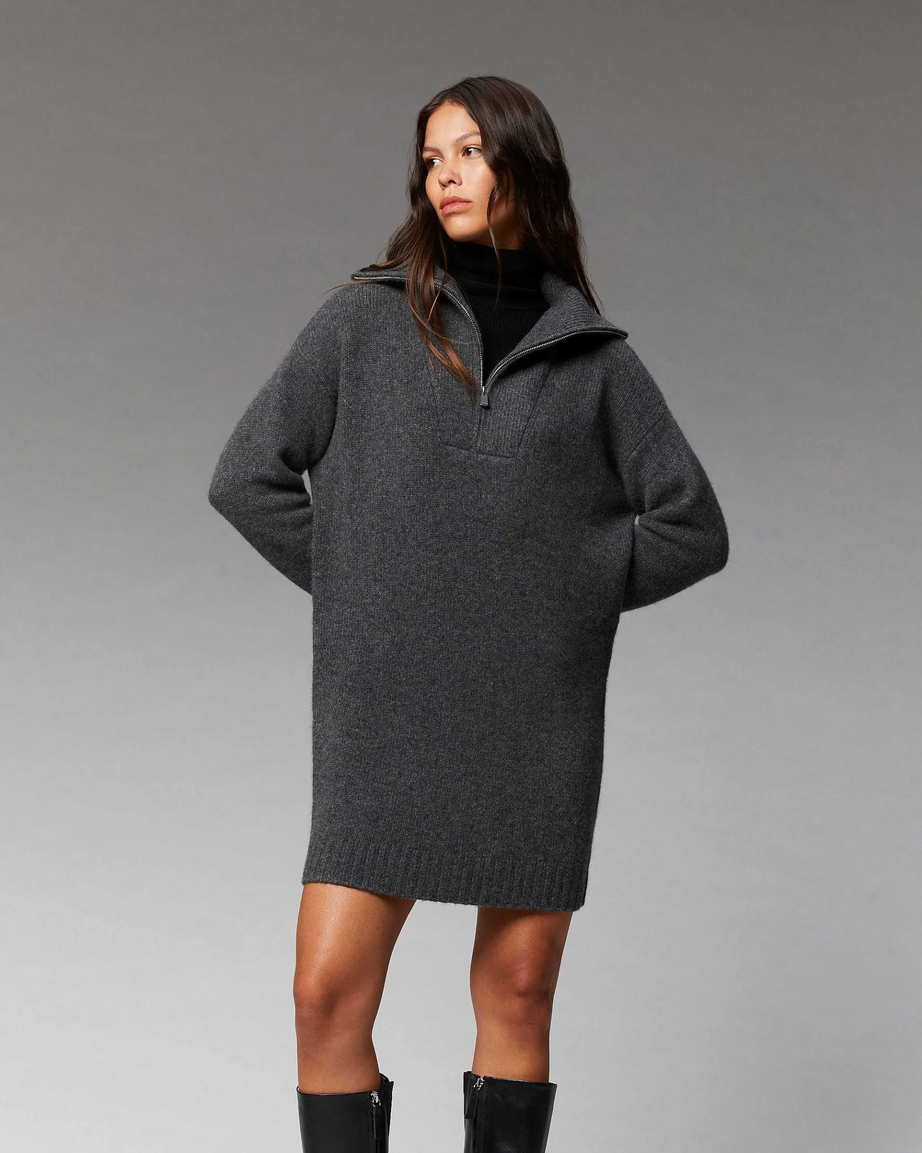 Hot FROM FUTURE Robe Courte Manche Longue Col Camionneur Anthracite
