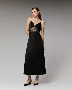 Hot FROM FUTURE Robe Longue Bretelle Decoupee Dentelle Noir