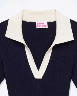 Sale FROM FUTURE Robe Longue Manche Courte Navy