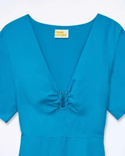 FROM FUTURE Robe Longue Manche Courte Arielle Tropical Blue
