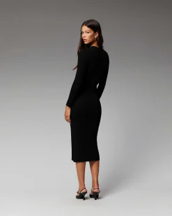 Sale FROM FUTURE Robe Longue Manche Longue A Cotes Fendue Noir