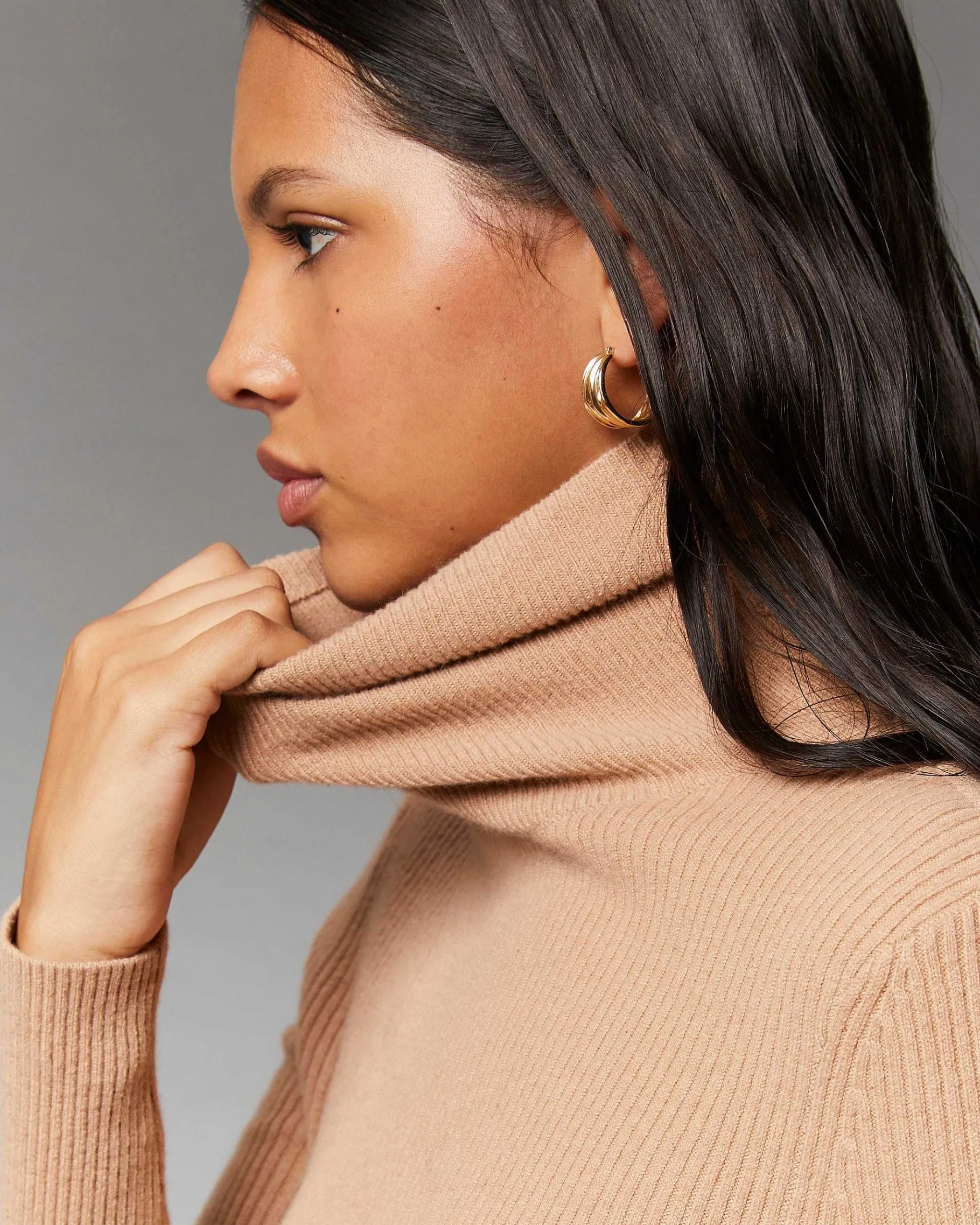 Outlet FROM FUTURE Robe Longue Manche Longue Col Roule A Cotes Camel