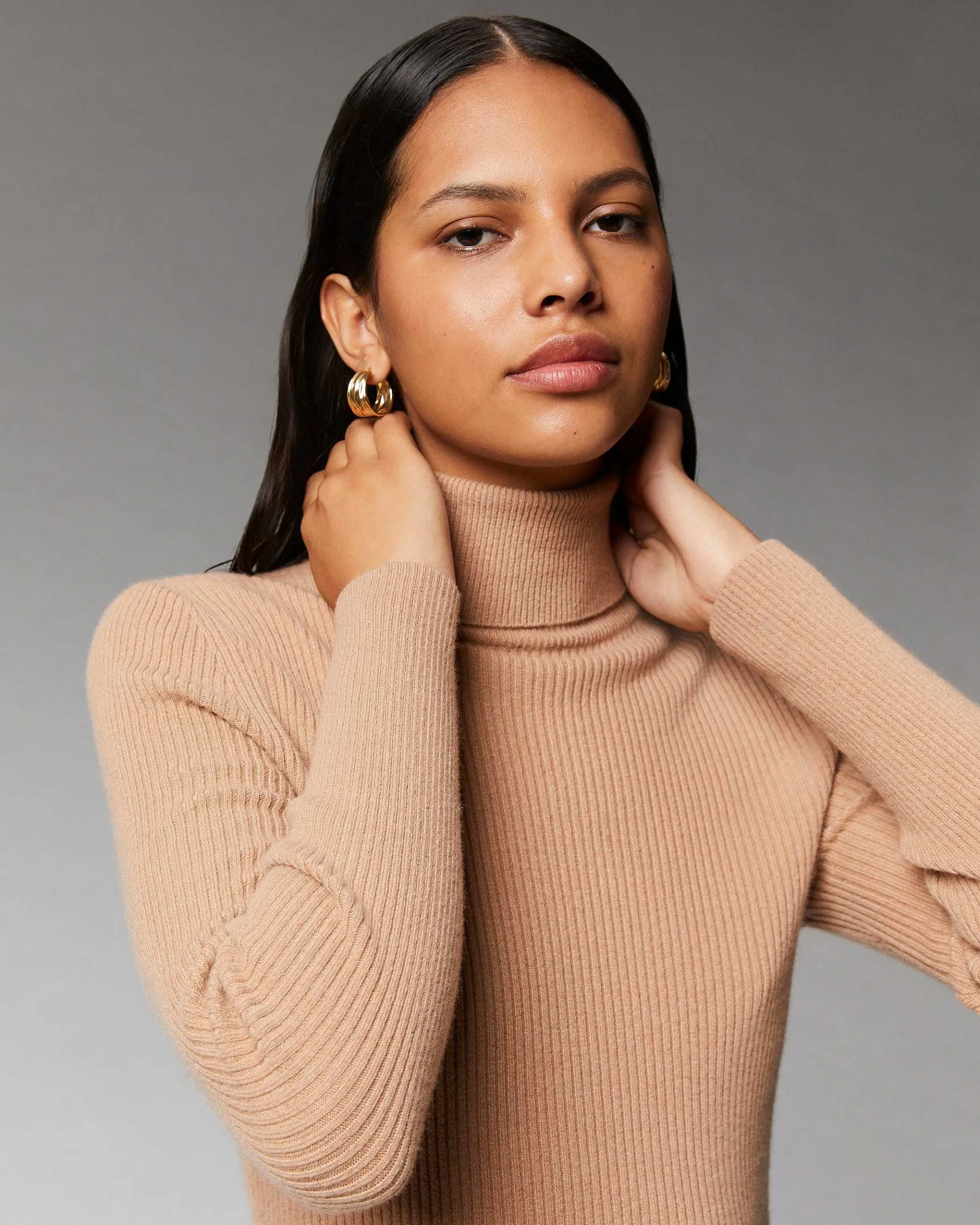 Outlet FROM FUTURE Robe Longue Manche Longue Col Roule A Cotes Camel