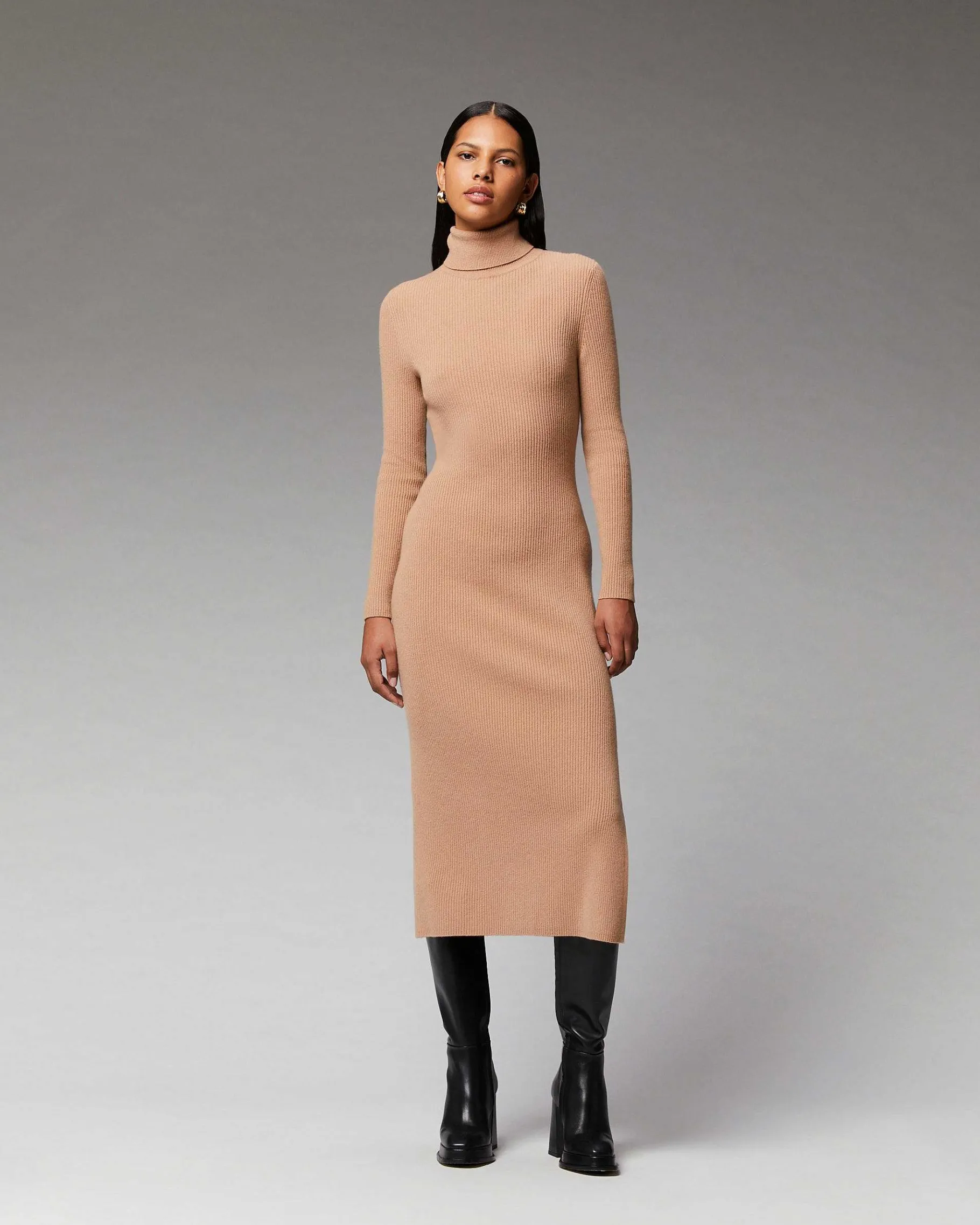 Outlet FROM FUTURE Robe Longue Manche Longue Col Roule A Cotes Camel