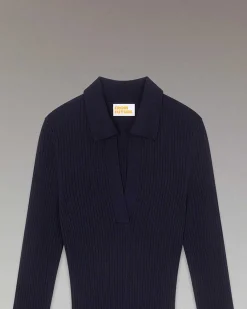 New FROM FUTURE Robe Longue Manche Longue Col Polo Navy
