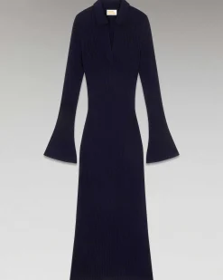 New FROM FUTURE Robe Longue Manche Longue Col Polo Navy