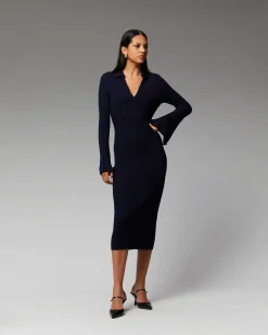 New FROM FUTURE Robe Longue Manche Longue Col Polo Navy