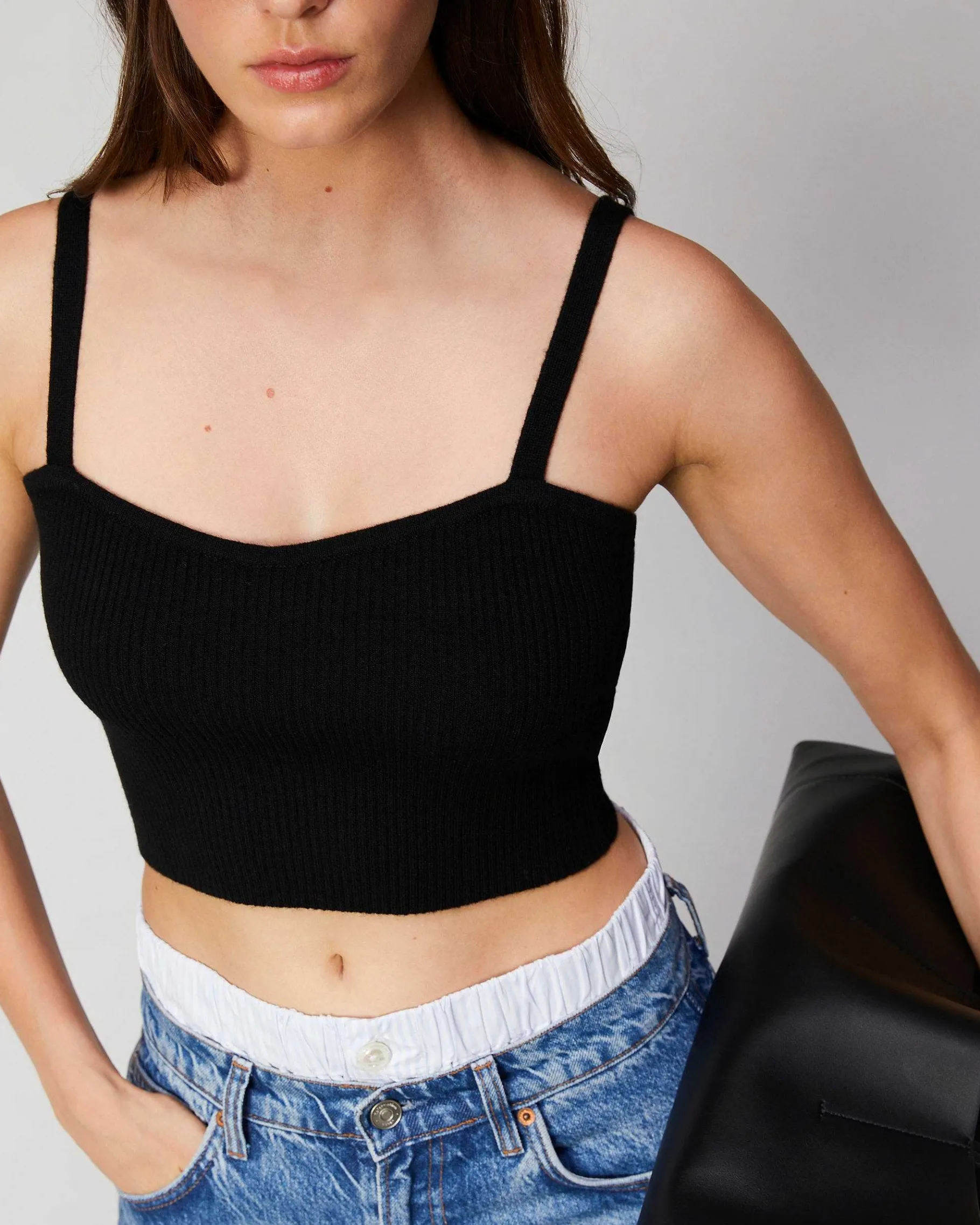 New FROM FUTURE Top Bretelle A Cotes Decollete Coeur Gris Chine Fonce