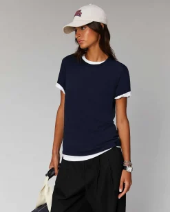 New FROM FUTURE T-Shirt Col Rond Basique Navy