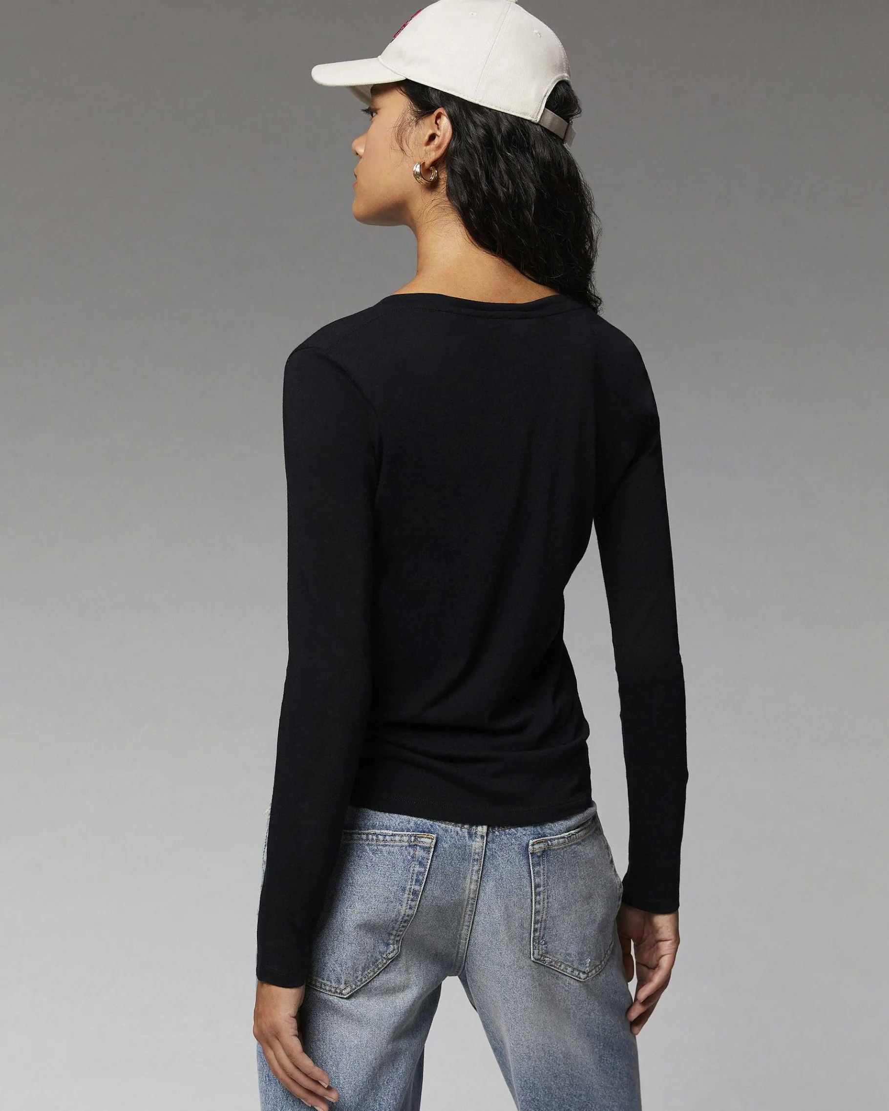 Hot FROM FUTURE T-Shirt Col V Basique Manches Longues Navy
