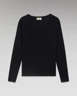 Discount FROM FUTURE T-Shirt Col V Manches Longues Basique Noir