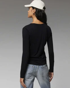 Discount FROM FUTURE T-Shirt Col V Manches Longues Basique Noir