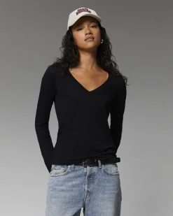 Discount FROM FUTURE T-Shirt Col V Manches Longues Basique Noir